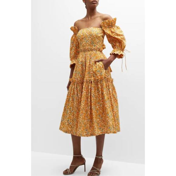 NWOT EDDY Olivia Tiered Ruffle-Trim Floral Midi Dress in Yellow Size Medium - Picture 1 of 10